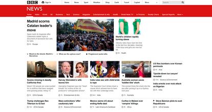 Portada de la cadena británica BBC, en su versión online. "Madrid desprecia la declaración de independencia del líder catalán", titula la BBC y detalla: "El Gobierno español rechaza una declaración de independencia firmada por el líder catalán Carles Puigdemont y descarta las convocatorias de mediación". En el artículo, la cadena británica añade que el president Carles Puigdemont ha instado a los estados y organizaciones internacionales a reconocer a la "república catalana como un estado independiente y soberano".