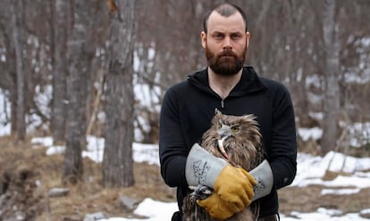 Jonathan C. Slaght con un búho pescador, en la región rusa de Primorye..