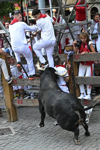 A bull from the Cebada Gago ranch charges a group of runners.