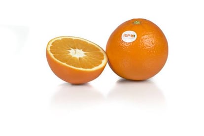 Una naranja con la etiqueta de la IGP Cítricos de Valencia