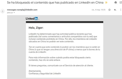 Pantallazo de la cuenta de Linkedin del corresponsal de EL PAÍS RETINA en Shanghái.