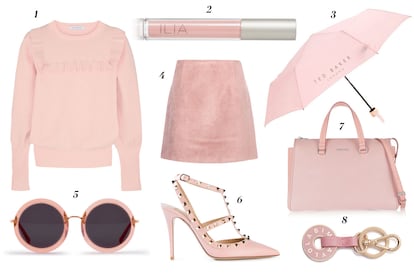 1. J.W.Anderson Sudadera con volante 2. Ilia Lip Gloss 'Peek a Boo' 3. Ted Baker Paraguas 4. Acne Studios Falda de ante 5. Bimba y Lola Gafas de sol redondas 6. Valentino Garavanni Zapatos 'Rockstud' 7. Miu Miu Bolso tipo tote con correa 8. Bimba y Lola Llavero con logo.