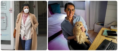 Belén, a la izquierda tras una visita al hospital durante el confinamiento y, a la derecha, este diciembre con su gato Milú.