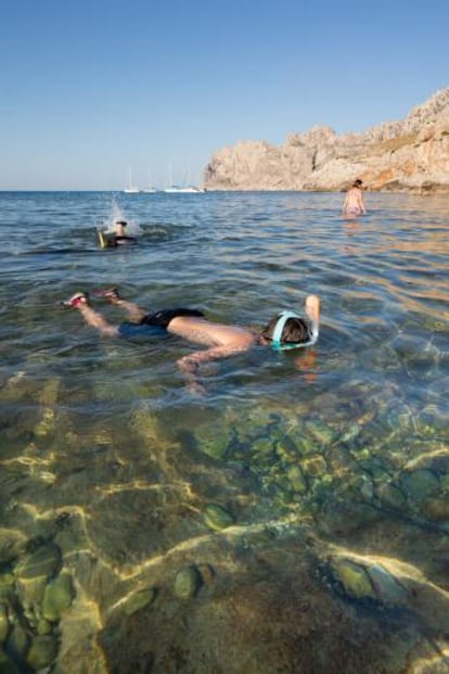 Bañistas en Cala Sant Vicenç (Pollença), en Mallorca.