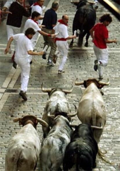 Los mozos corren perseguidos por la manada de Torrestrella.