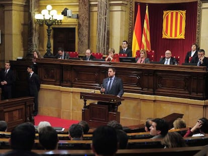 Junqueras, durante su intervenci&oacute;n en el Parlamento.