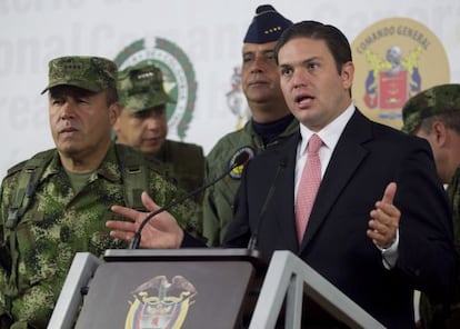 El ministro de Defensa de Colombia, Juan Carlos Pinzón, durante la conferencia de prensa en la que describió la operación contra las FARC.