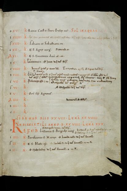 Hoja del manuscrito 'Calendar, Gradual, Sacramentary' con cantos de liturgia en latín sobre la Ascensión. Esta obra está datada hacia el año 1000 y se atribuye a un monje llamado Hartker.