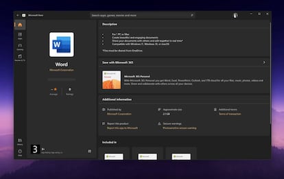 Página de instalación de Word en la tienda de Windows.