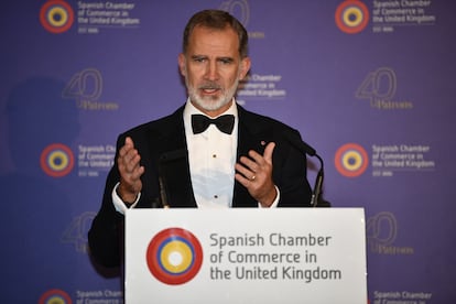 El Rey, este lunes en Londres, en la cena de gala del 135 Aniversario de la Cámara de Comercio Española en el Reino Unido