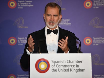 El Rey, este lunes en Londres, en la cena de gala del 135 Aniversario de la Cámara de Comercio Española en el Reino Unido