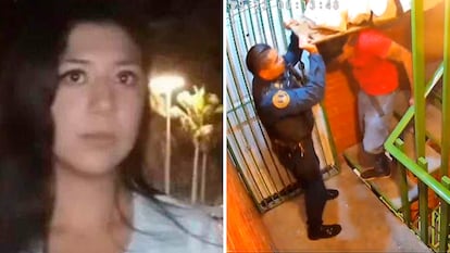 Montserrat Juárez y una captura del video en el que se ve a un policía y dos personas sacar su cuerpo de un departamento.