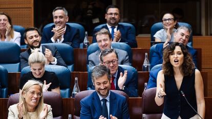 La presidenta de la Comunidad de Madrid, Isabel Díaz Ayuso, interviene durante un pleno en la Asamblea de Madrid, este jueves.