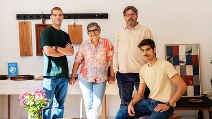 The Sangiovanni-Lorenzo family in their store. Isabel and Fernando are pictured with their sons, Agustín (left) and Joaquín. Everything in this workshop is completely handmade. They only use a machine that marks each piece with the first part of their name: Sangiovanni.