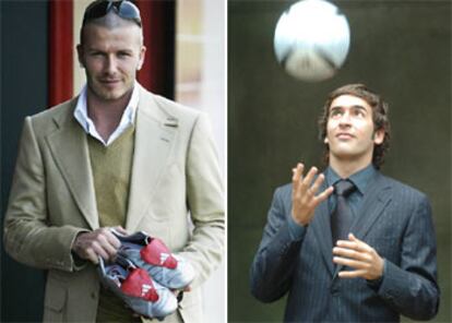 Beckham, en Londres, y Raúl, en Madrid, posan en sendos anuncios publicitarios.