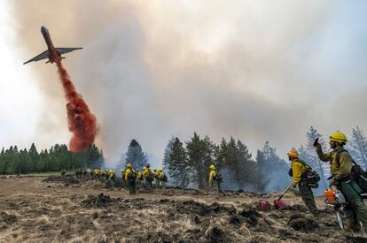 Bomberos forestales observan y graban vídeos con sus teléfonos móviles mientras un avión arroja retardante de fuego en Harlow Ridge, sobre el incendio de Lick Creek, al suroeste de Asotin, Washington, EE UU.