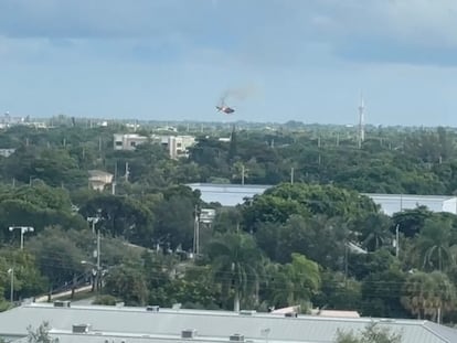Broward Sheriff's Office helicopter crashes in Pompano Beach, Florida, on Aug. 28, 2023, in this screen grab obtained from a social media video.