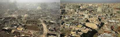 A la izquierda, la Ciudad Vieja de Mosul durante un ataque el 9 de julio de 2017. A la derecha, la misma vista en una fotografía tomada el 8 de enero de 2018.