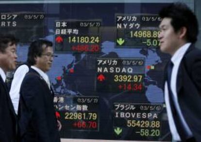 Un grupo de viandantes caminan frente a un monitor que muestra el valor del índice Nikkei. EFE/Archivo