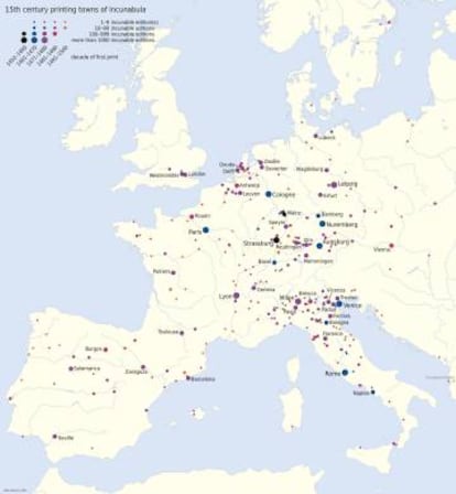 Mapa con las ciudades europeas que imprimieron sus primeros libros entre 1450 y 1500.