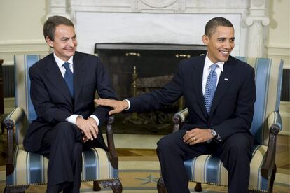 José Luis Rodríguez Zapatero y Barack Obama durante la entrevista que mantuvieron en la Casa Blanca en la visita oficial de Zapatero a Estados Unidos en 2009
