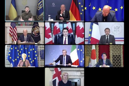 Los participantes en la reunión del G7, en un momento de su encuentro virtual