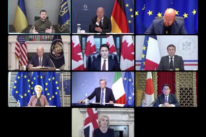 Los participantes en la reunión del G7, en un momento de su encuentro virtual