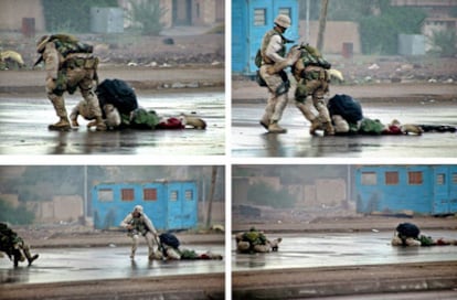 Combo de fotos que muestra cómo el <i>marine</i> norteamericano Ryan P. Shane cae herido cuando intentaba rescatar a un compañero herido durante la batalla de Faluya ( Irak), en diciembre de 2004.