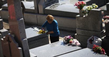 Una mujer limpia una lápida durante el Día de Todos los Santos, en el cementerio madrileño de La Almudena.
