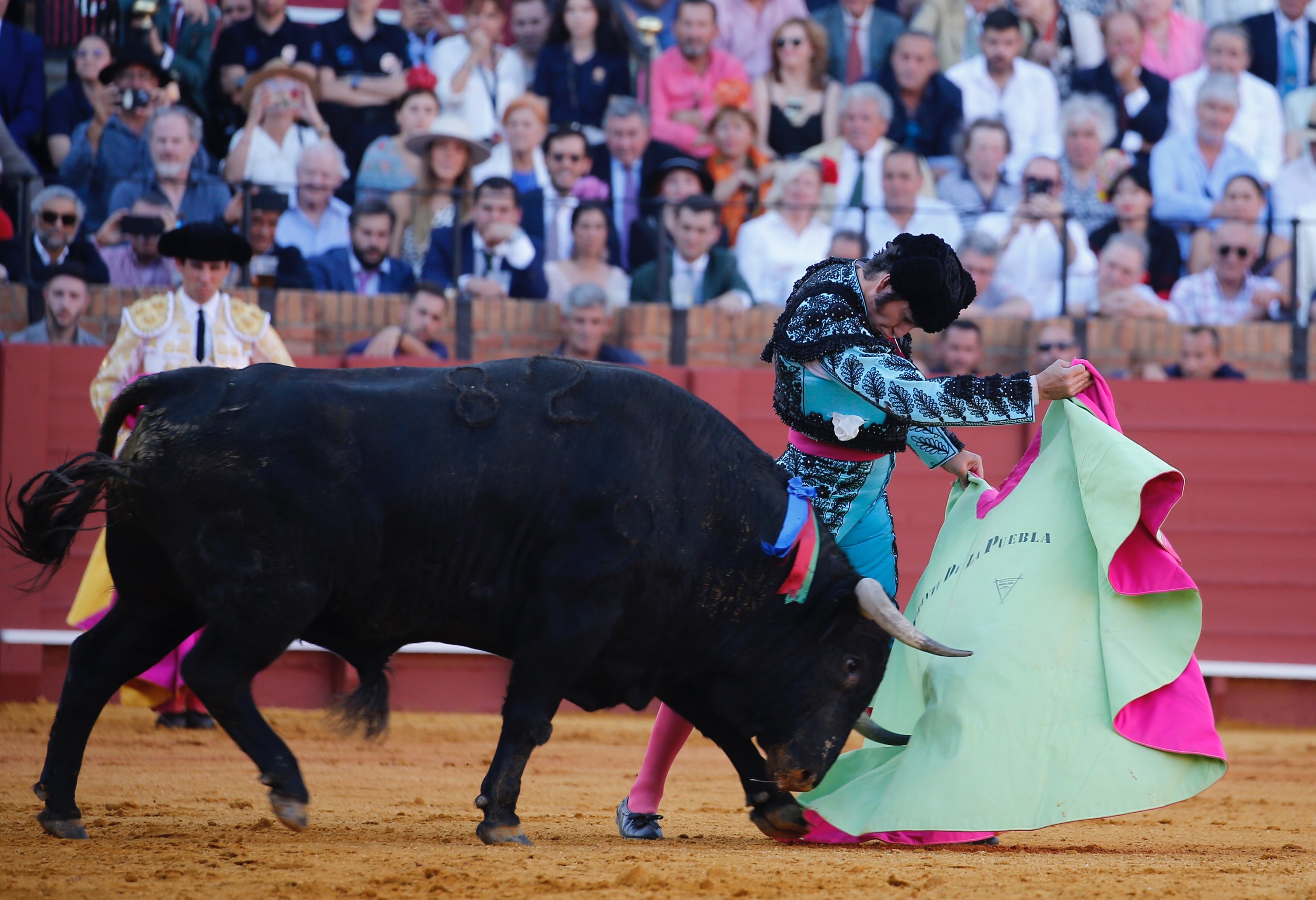 Morante de la Puebla dibuja una tafallera al toro Ligerito, de Domingo Hernández, al que cortó el rabo el 26 de abril de 2023.