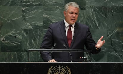 El presidente colombiano, Iván Duque, habla ante la Asamblea General de Naciones Unidas en Nueva York.