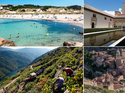 Cuatro rincones turísticos españoles: Una playa en las islas Baleares, la Alhambara de Granada, la Ribeira Sacra y Albarracín.