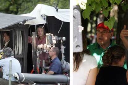 Javier Bardem, en el centro, durante el rodaje de <i>Los fantasmas de Goya,</i> de Milos Forman (a la derecha), ayer en el parque del Retiro de Madrid.