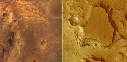 Imágenes de Marte de la <i>Mars Express:</i> a la izquierda, una cumbre cerca del valle Marineris, y a la derecha una meseta.
