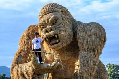 Un turista posa para una fotografía en una figura de un gorila gigante, hecha de paja de arroz, en un parque de atracciones a las afueras de Chiang Mai (Tailandia).