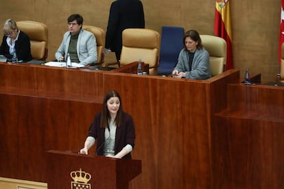 La consejera de Políticas Sociales, Lola Moreno, en el pleno monográfico sobre la mujer, este jueves en la Asamblea de Madrid.