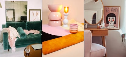 Sofá de terciopelo verde y sillón rosa, de MADE. Lámpara, cuencos, florero de cerámica y alfombra, de Cool Machine.