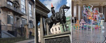 De izquierda a derecha, el edificio de la Glasgow School of Art (proyectado por C. R. Mackintosh), la estatua del tabaquero William Cunningham frente a la Bolsa y una obra del artista escocés Jim Lambie en el GOMA.