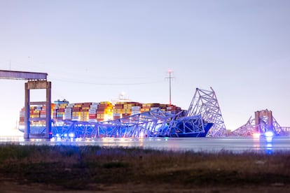 The vessel, a large container ship, after colliding with the Francis Scott Key Bridge in Baltimore, in the eastern U.S. state of Maryland.