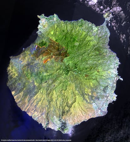 A satellite image of the burnt area on the island of Gran Canaria.