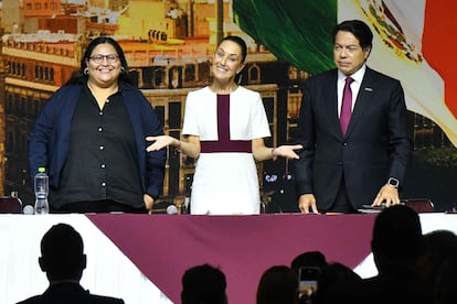 Claudia Sheinbaum con Citlai Hernández y Mario Delgado, el 18 de junio.