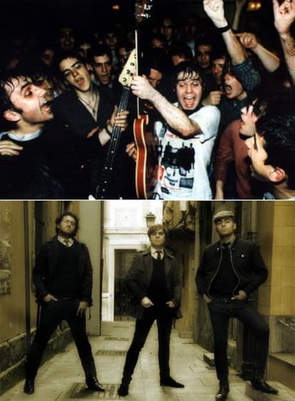 Arriba, el grupo Doctor Explosión en 1997,  en una de sus actuaciones improvisadas  que suelen acabar con la intervención de la policía. Abajo, Jorge Muñoz (en el medio) con el resto de miembros de la banda.
