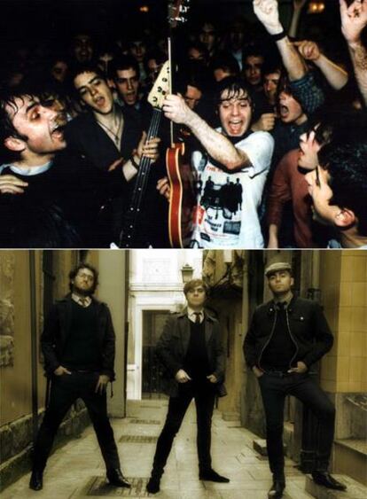 Arriba, el grupo Doctor Explosión en 1997, en una de sus actuaciones improvisadas que suelen acabar con la intervención de la policía. Abajo, Jorge Muñoz (en el medio) con el resto de miembros de la banda.