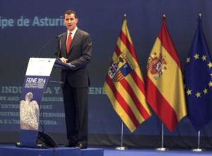 El Príncipe de Asturias, Felipe de Borbón, durante su intervención en la clausura del I Foro Europeo de Industria y Emprendimiento, celebrado hoy en Zaragoza.