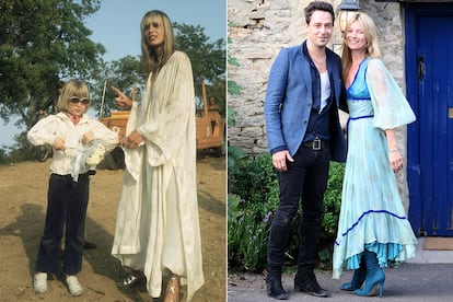 A la izquierda, Anita Pallenberg posando junto a su hijo con un vestido boho blanco en 1970. A la derecha, Kate Moss con su ex marido Jamie Hince, con un vestido vintage de los 70 firmado por Ossie Clark.