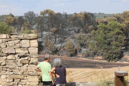 Dos personas miran los daños causados por el incendio en Santa Coloma de Queralt. La Generalitat ha pedido la ayuda de payeses para crear cortafuegos y ha hecho un llamamiento ciudadano para reducir la actividad y minimizar riesgos.