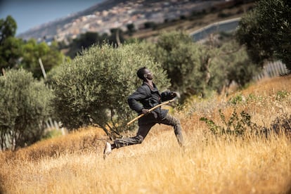 Un migrante corre campo a través poco después de saltar la valla. 