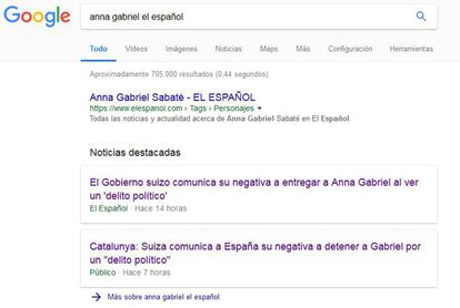 Captura de pantalla de la búsqueda en Google sobre la noticia publicada y luego borrada del 'El Español' en relación a Anna Gabriel.