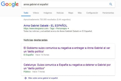 Captura de pantalla de la búsqueda en Google sobre la noticia publicada y luego borrada del 'El Español' en relación a Anna Gabriel.