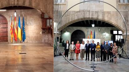 Imagen del patio gótico del Palau de la Generalitat sin la escultura de Alfaro y con la obra, en un acto en el que participó Ximo Puig, en dos imágenes del Twitter del expresidente valenciano.
